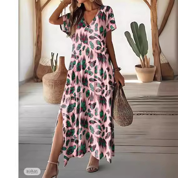 Women's Casual V-Neck Split Short Sleeve Dress with Digital Print