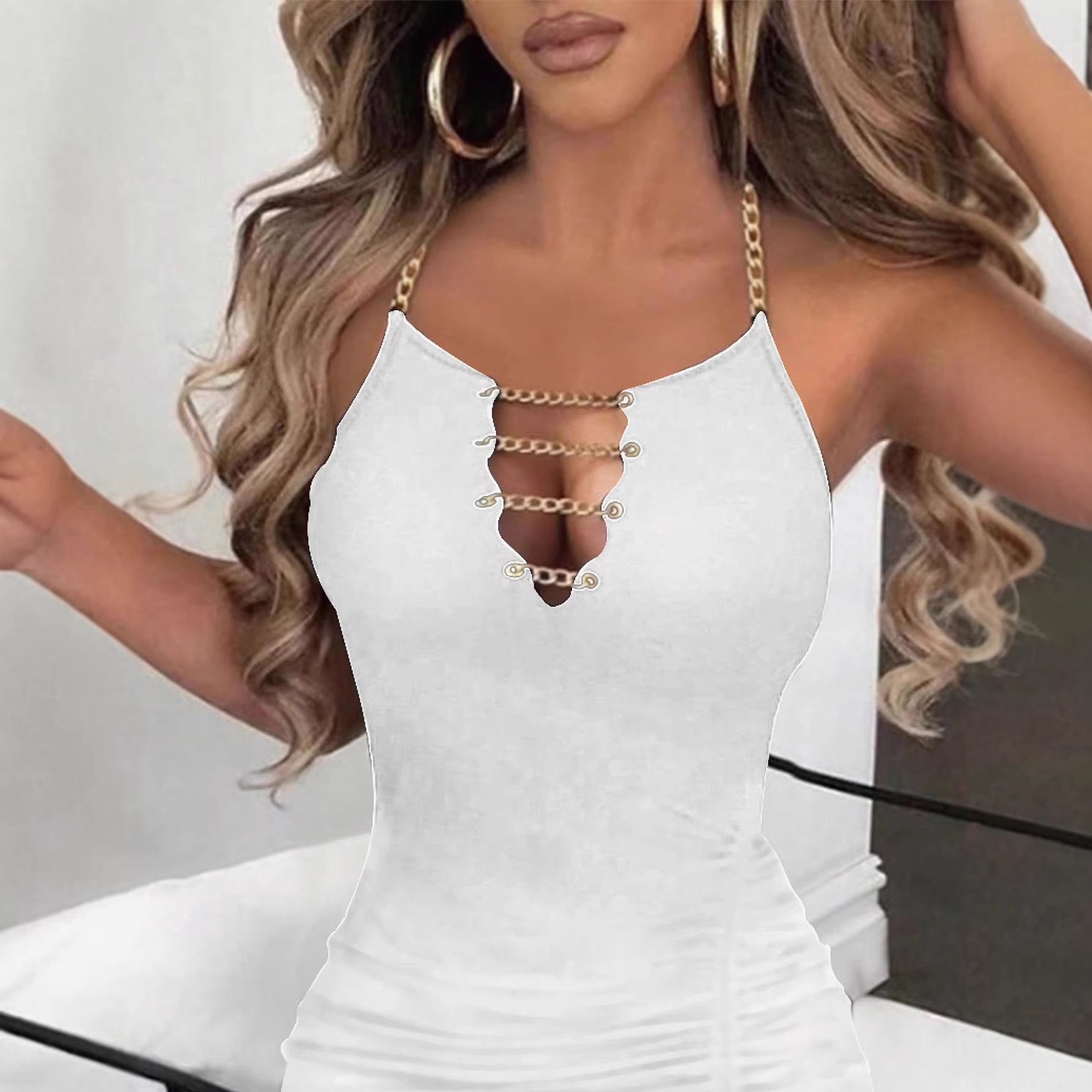 Sexy Halter Chain Slit Bodycon Mini Dress