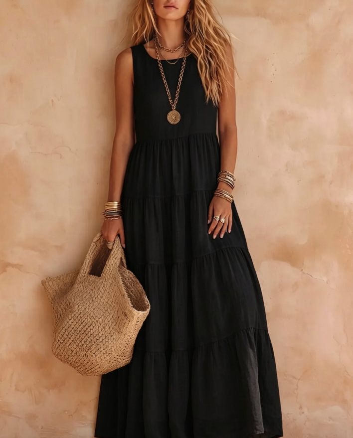 Solid Sleeveless Plus Size Maxi Dress with Round Neck and Shirred Details