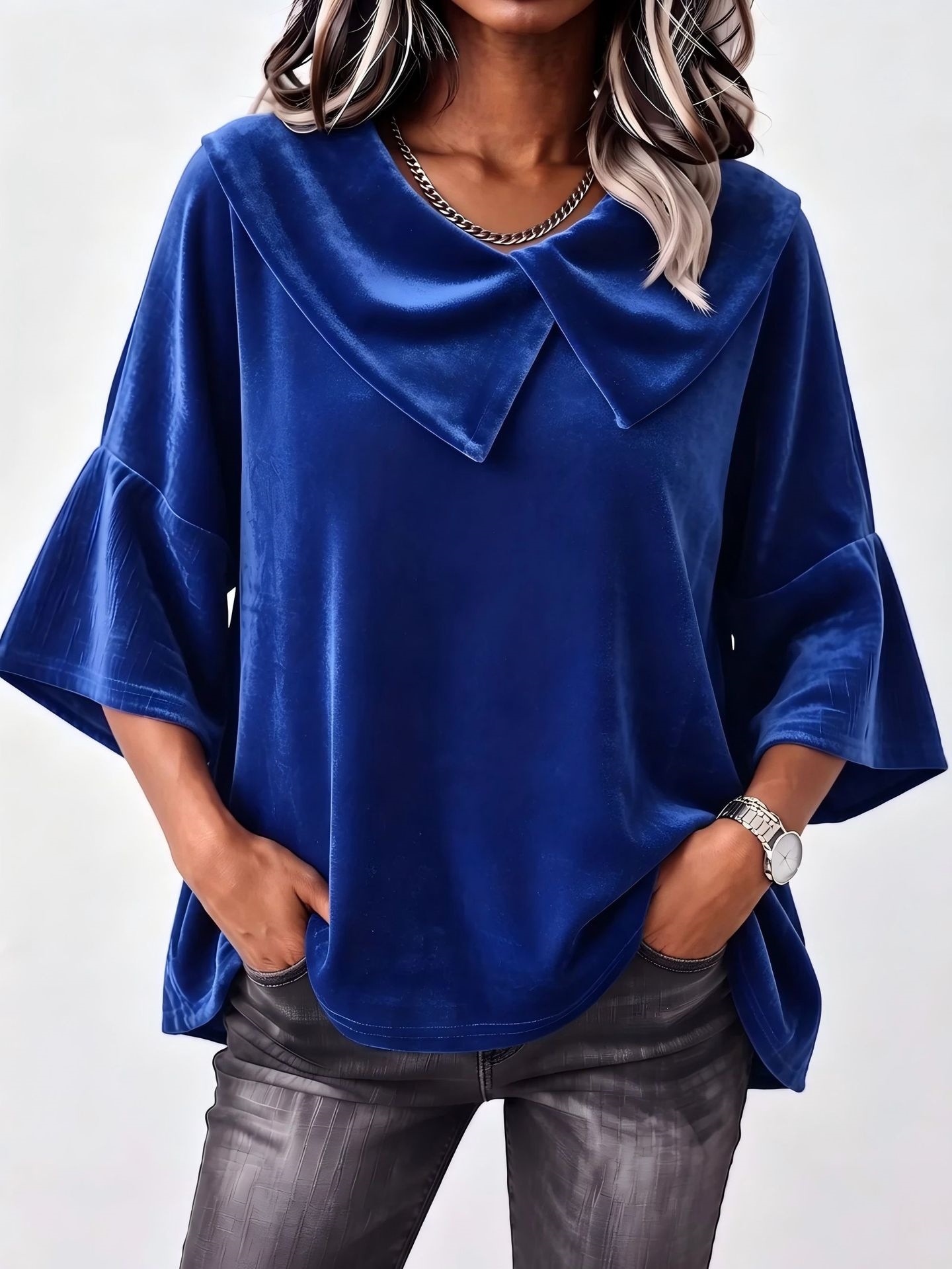 Retro Asymmetric Patchwork Big Lapel Bell Sleeve Loose Velvet Top