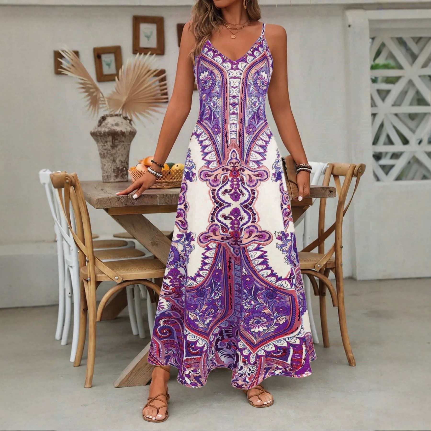 Bohemian Print Sleeveless Slip Maxi Dress