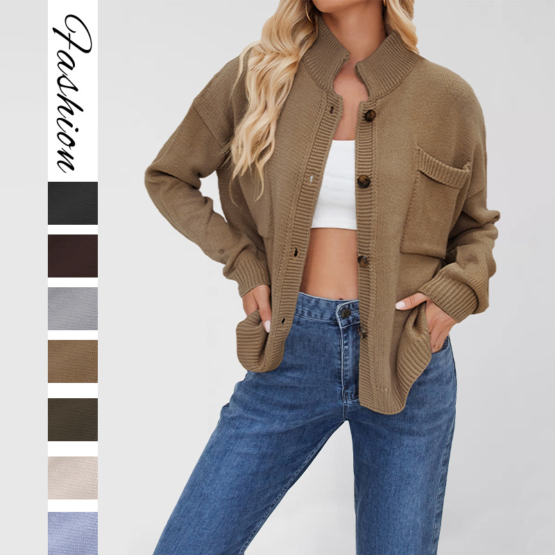 Women's Knit Stand Collar Cardigan Sweater Plus Size Solid Color