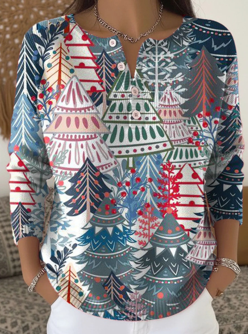 Women's Christmas Dinosaur Forest Print Button Sweatshirt
