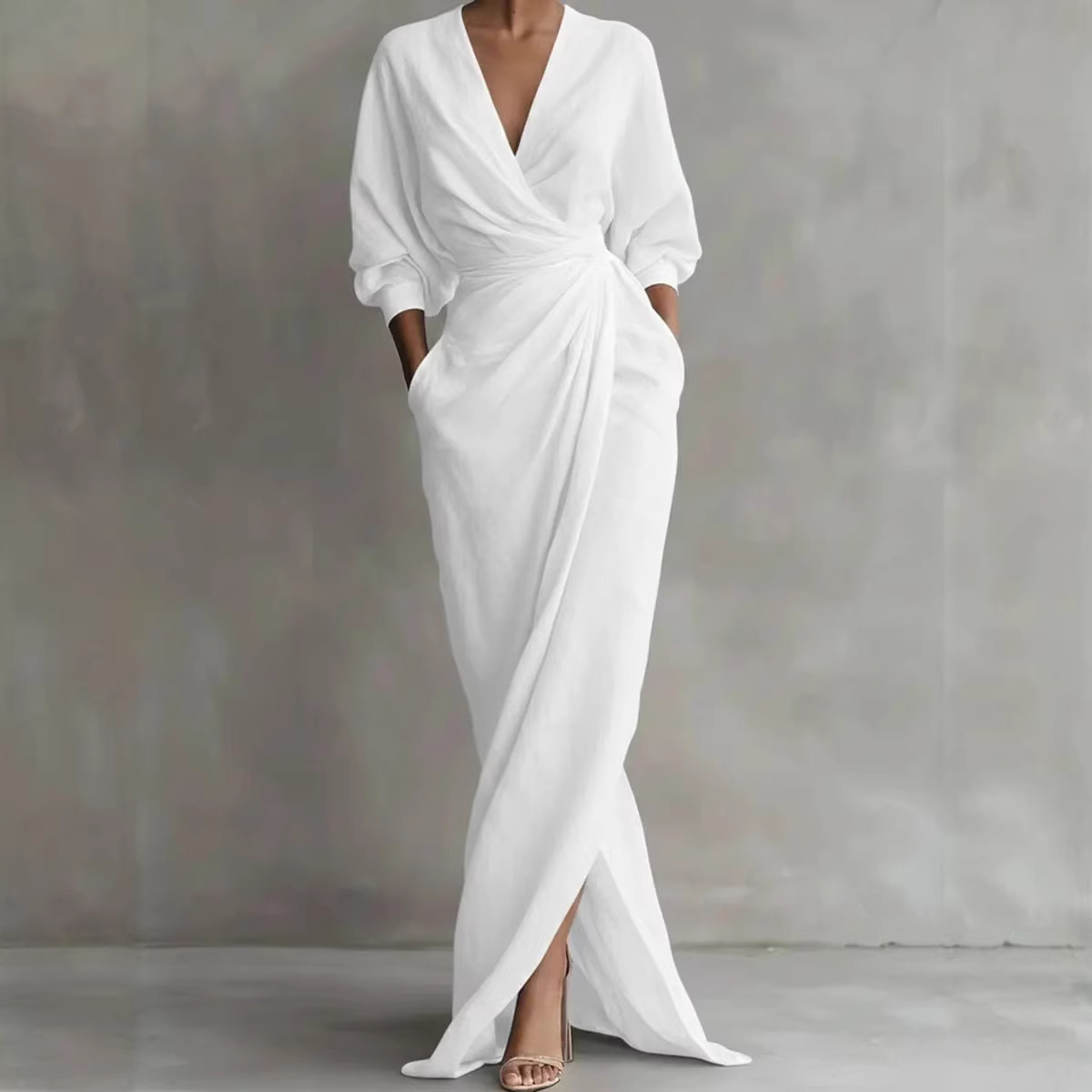 Elegant Solid V-Neck Long Sleeve Split Waist Pocket Long Dress