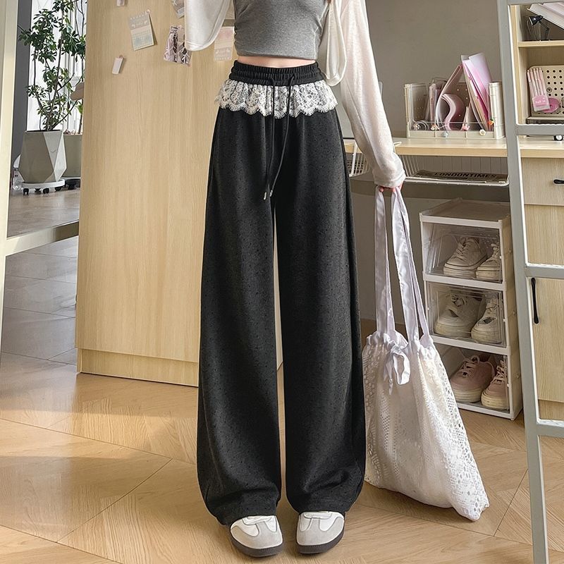 Gray Polka Dot Wide-Leg Pants with Lace Trim, High Waist