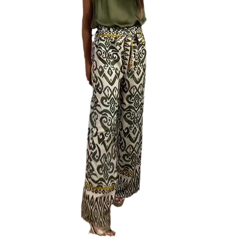 Printed Belted Wide-Leg Casual Pants