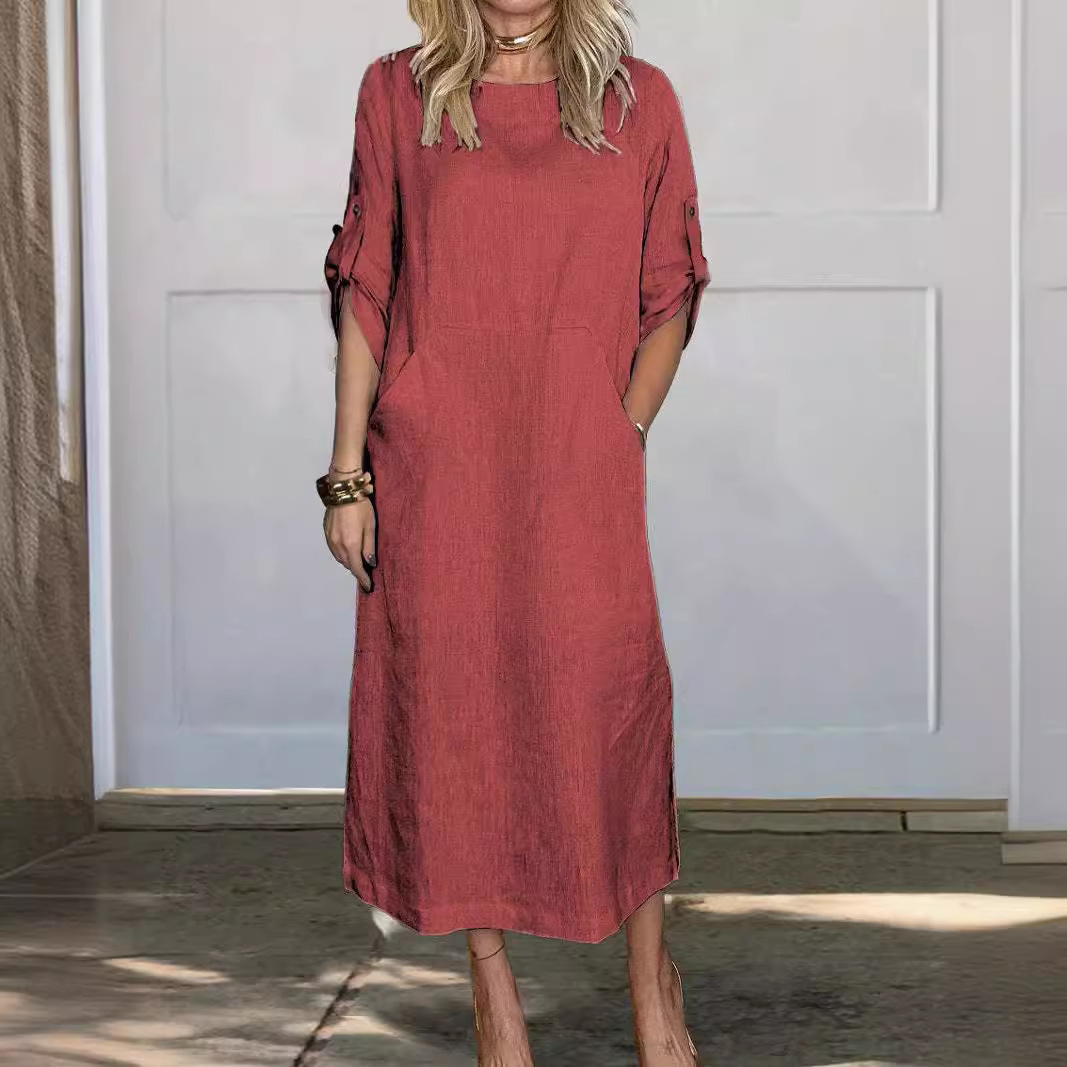 Women's Summer Loose Casual Solid Color Short Sleeve Cotton Linen Dress