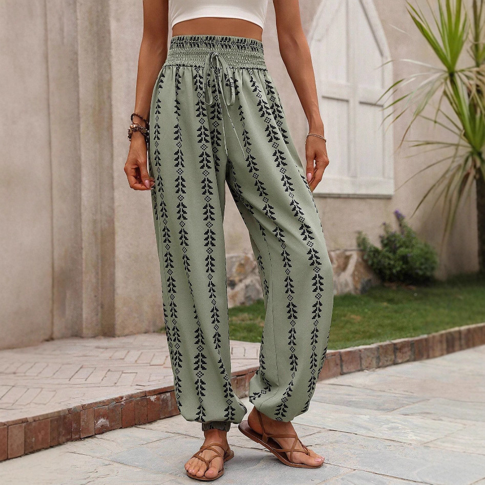 Women's Grid Wide-Leg Lantern Pants High Waist Loose Fit
