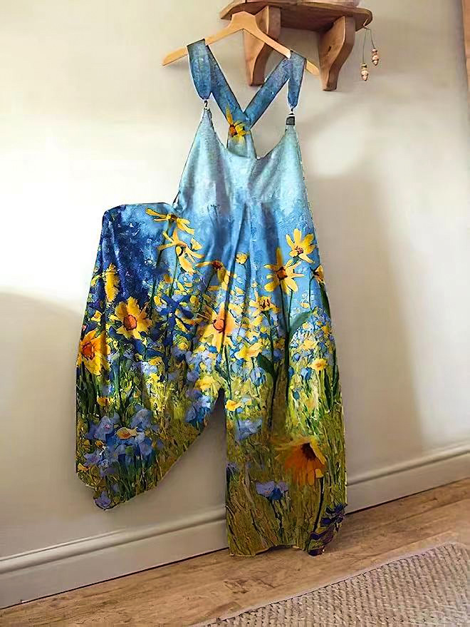 Floral Print Loose Casual Button Strap Jumpsuit Summer Women's