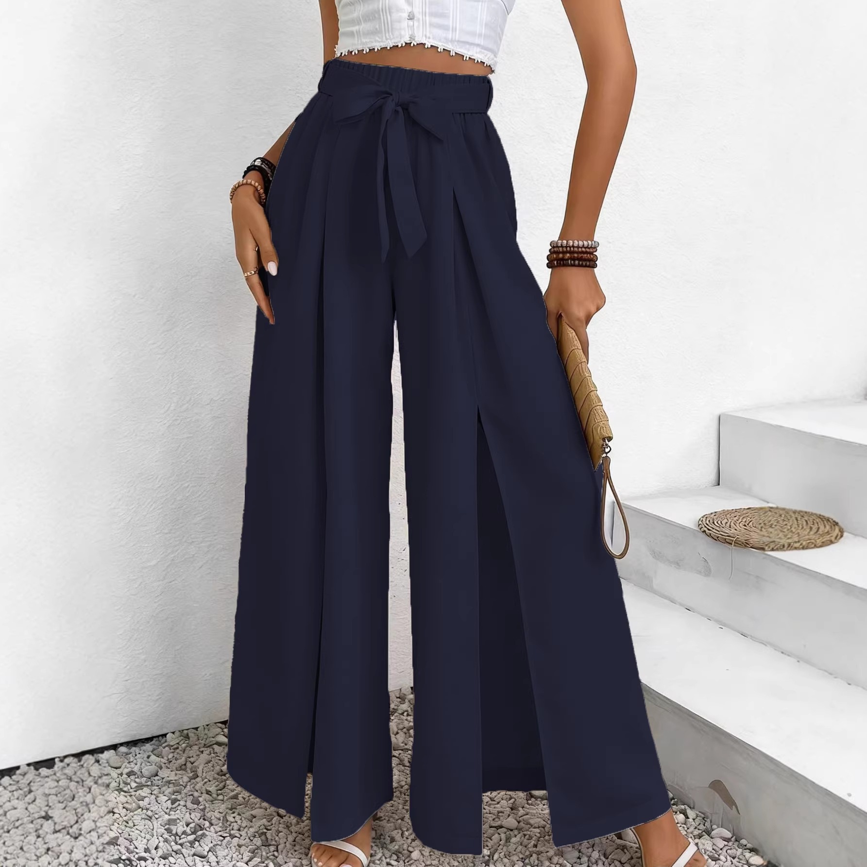 Women's High-Waist Wide-Leg Pants with Tie Belt