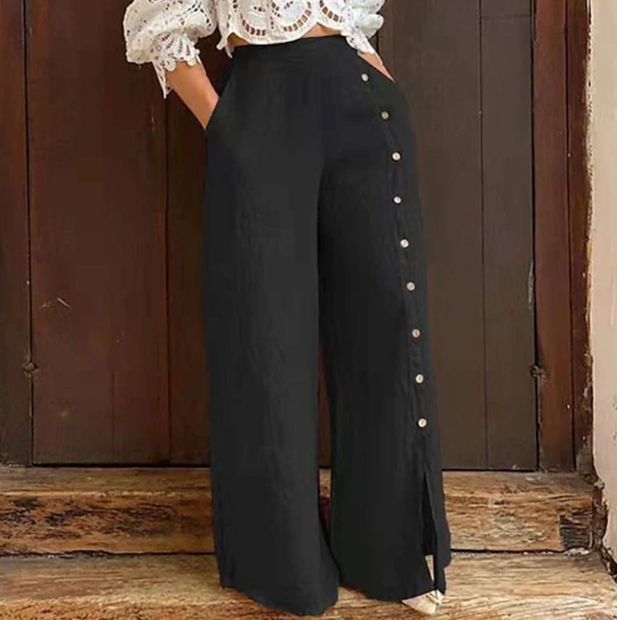 Women's Casual Wide-Leg Pants with Pockets and Button Design