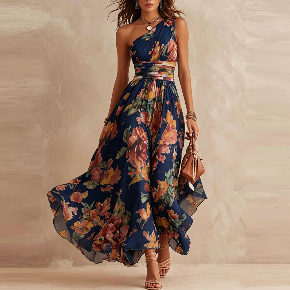 Digital Print One-Shoulder Sleeveless A-Line Midi Dress