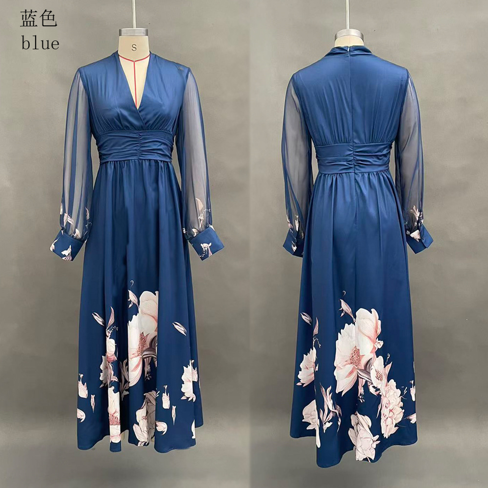 Long Mesh Panel French Slim Fit Floral Print Maxi Dress