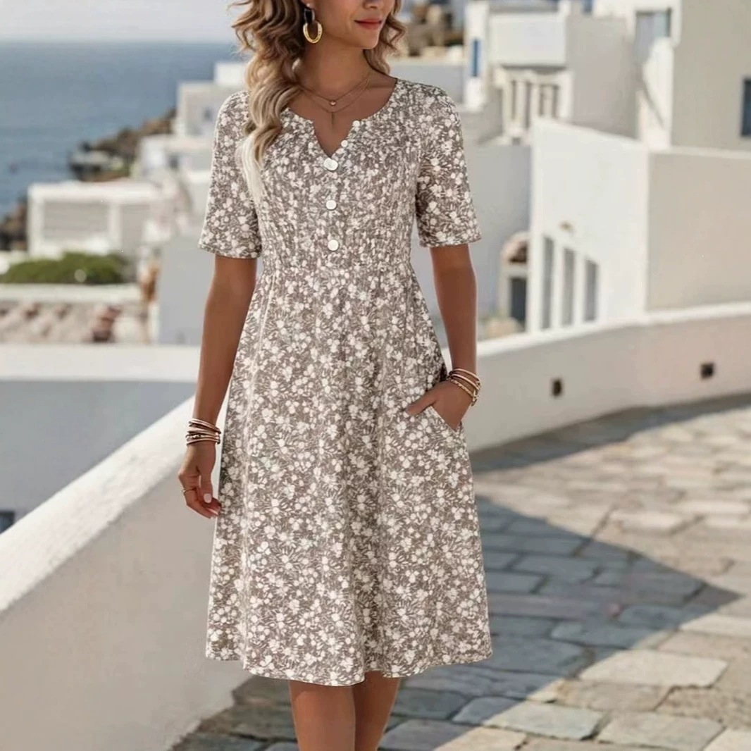Women's Floral Print V-Neck Midi Dress Short Sleeve