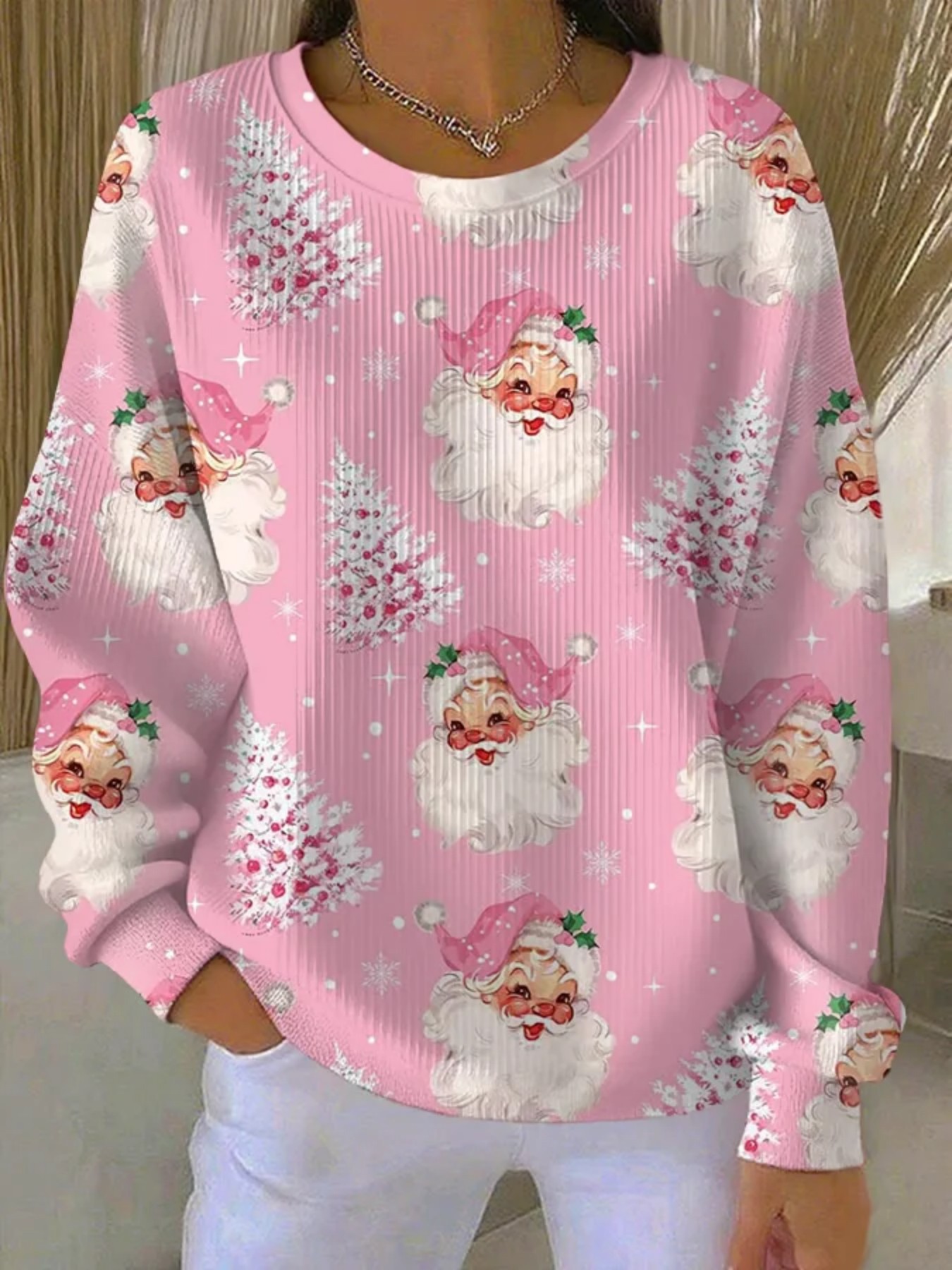 Christmas Print Crewneck Long Sleeve Pullover Sweatshirt
