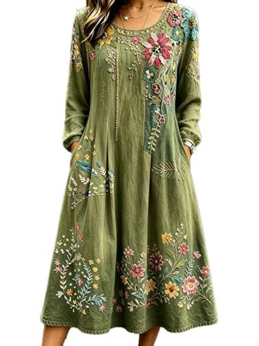 Women's Bohemian Floral Print Pleated Long Sleeve Midi Dress