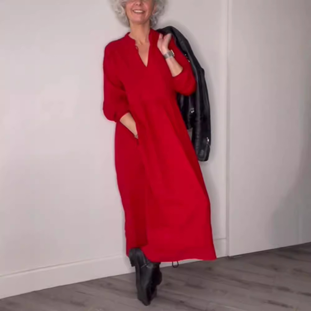 Solid V-Neck Long Sleeve Pocket Maxi Dress