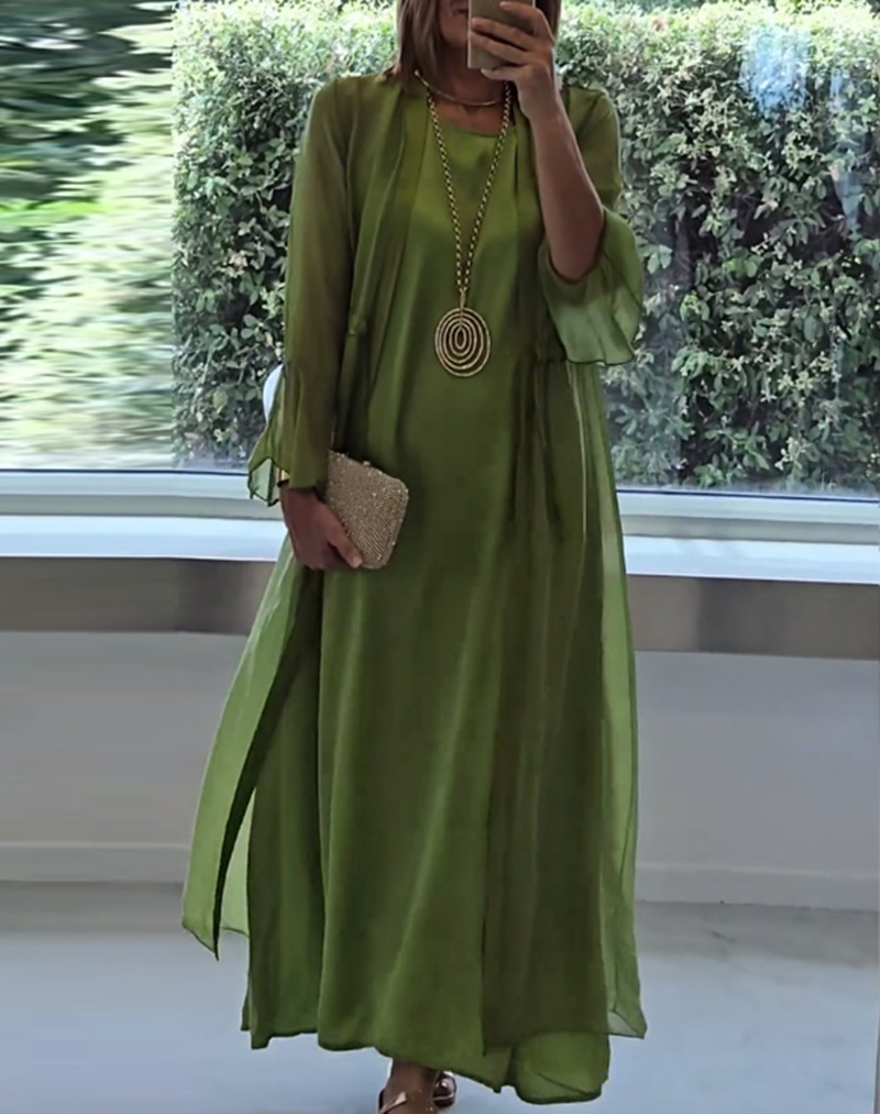 Elegant Solid Color Long Sleeve Dress Set for Women