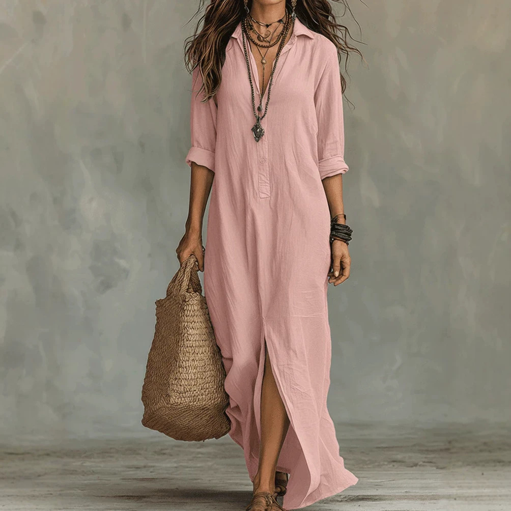 Women's Casual Solid Color Lapel Front Slit Long Dress