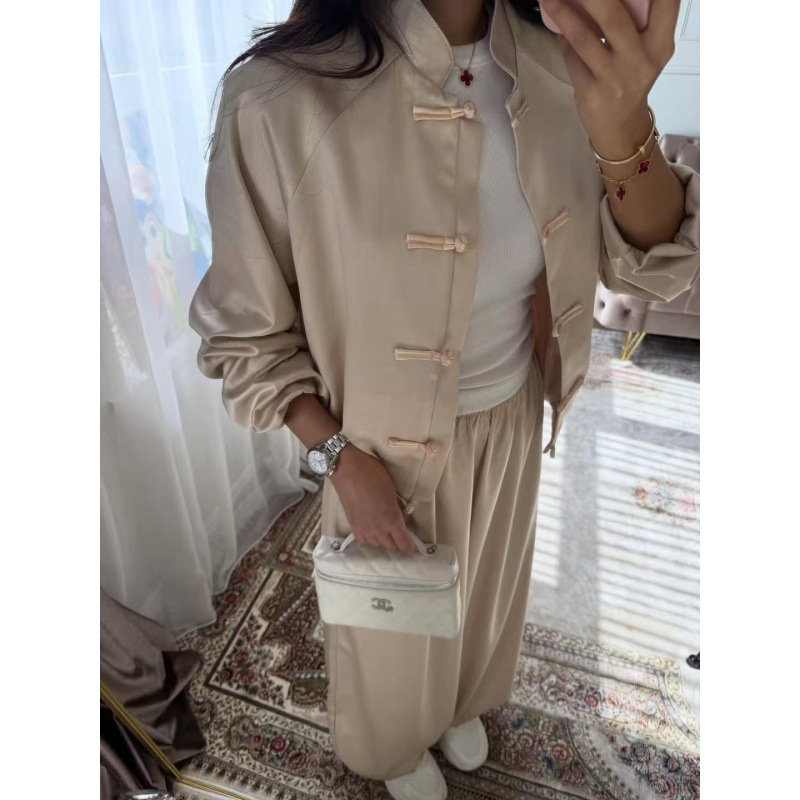 New Chinese Style Frog Button Satin Two-Piece Set with Wide-Leg Drawstring Pants