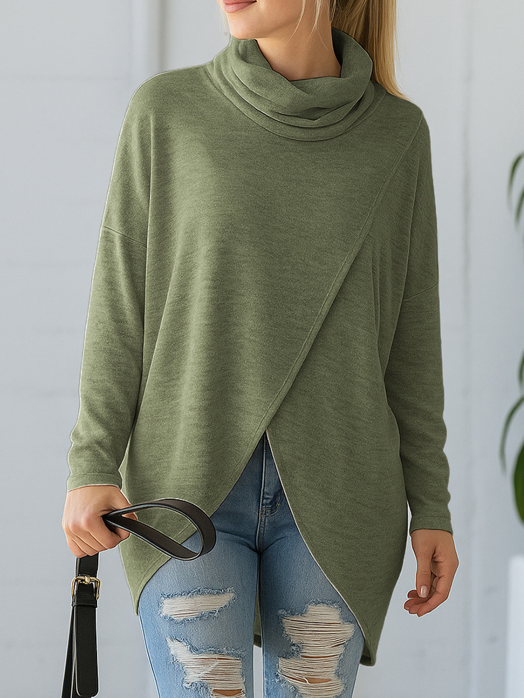 Women's Casual Loose Long Sleeve Solid Color Cowl Neck Knit Top