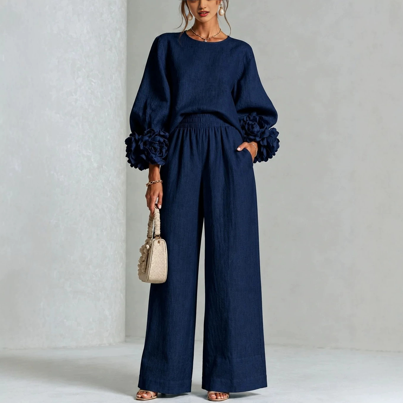 Women's Two-Piece Set with 3D Floral Crewneck Top and Wide-Leg Pants
