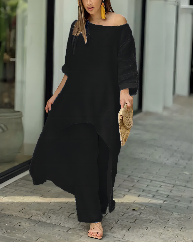 Women's Cotton-Linen Asymmetric Long-Sleeve Wide-Leg Two-Piece Set