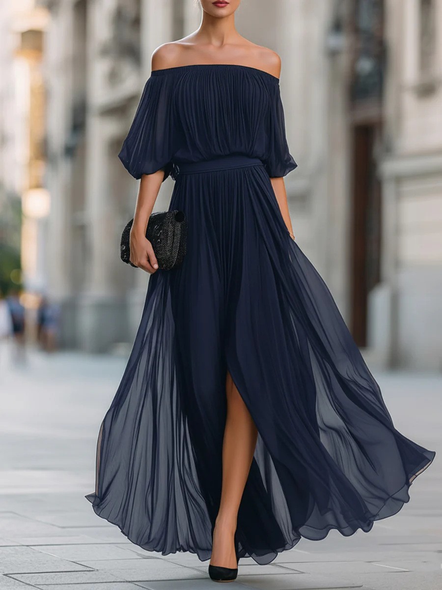 Women's Off-Shoulder Chiffon Maxi Dress Solid Color Waist-Cinched