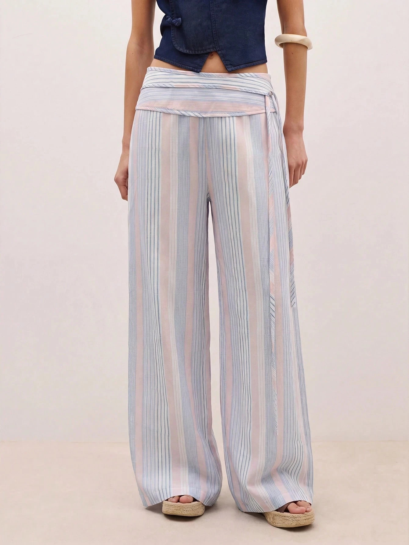 Striped High-Waist Tie-Front Wide-Leg Pants