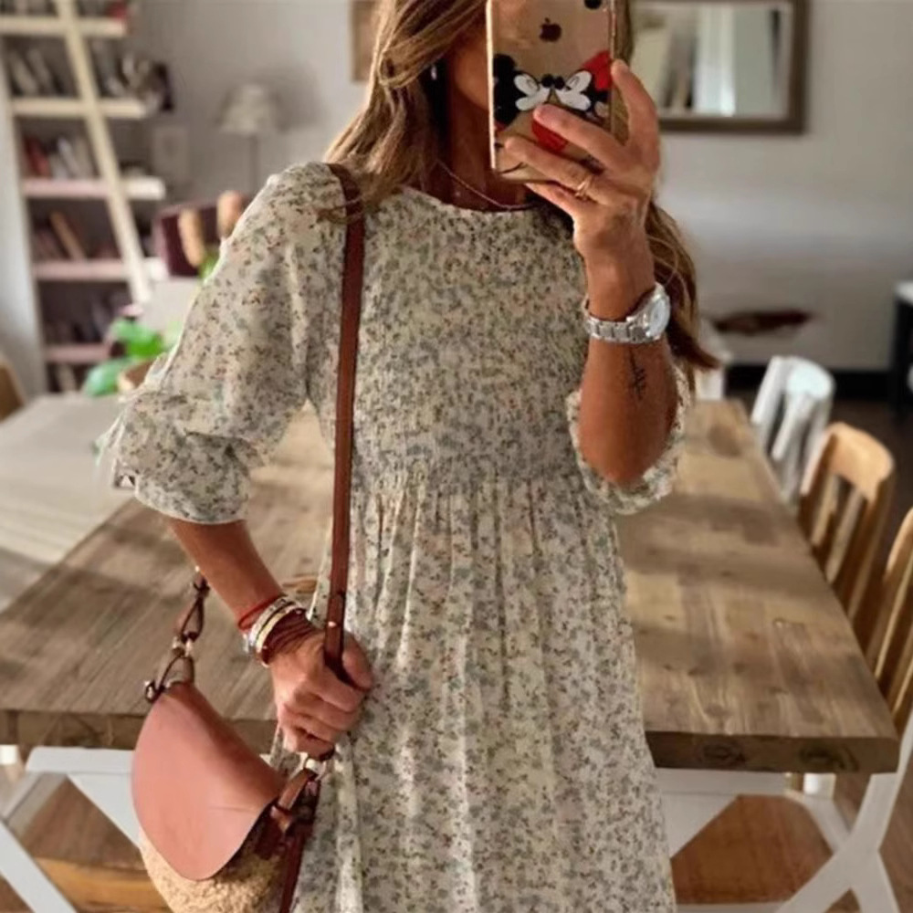 Women's Summer Floral Print Midi Dress Round Neck High Waist