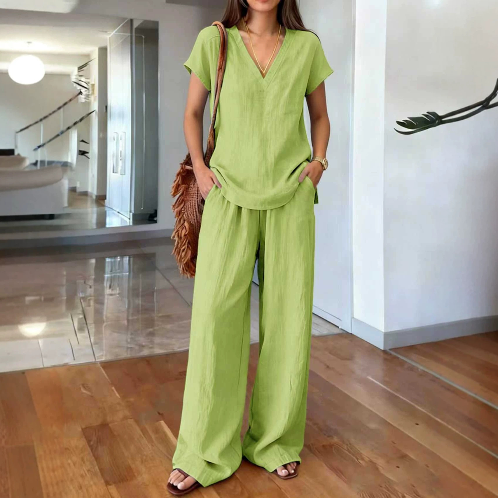 Women's V-Neck Short Sleeve Top & Wide Leg Pants Set