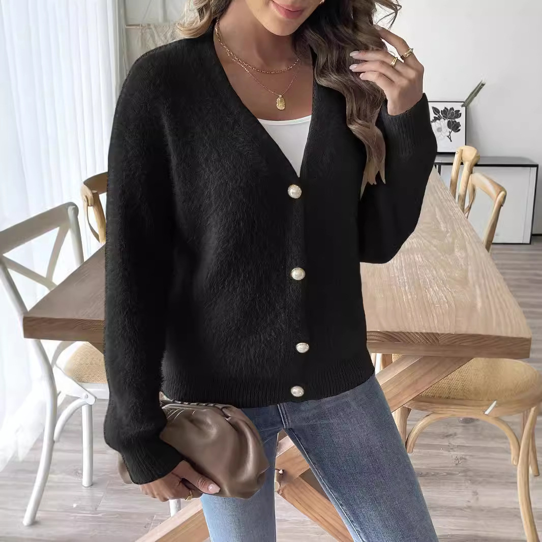 Women's Faux Mink Knit Long-Sleeve Button-Front Cardigan with Pearl Buttons