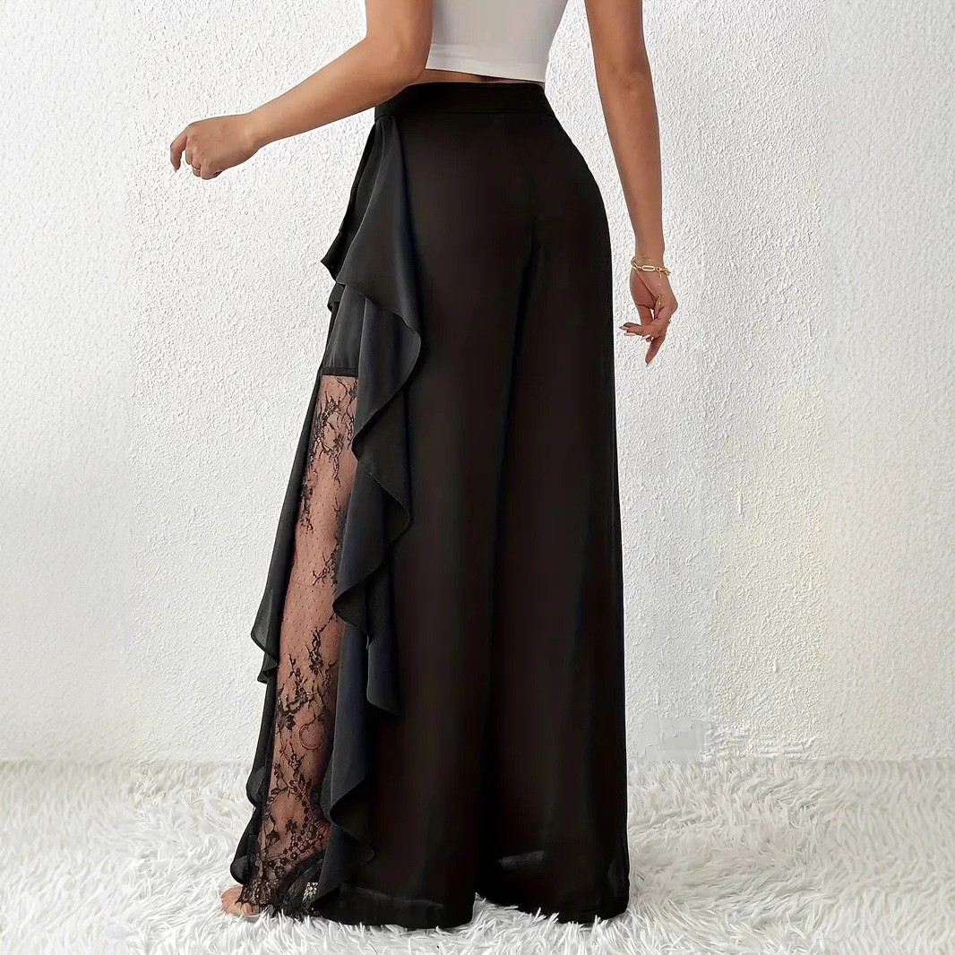 Women's High-Waist Wide-Leg Pants with Slit Lace Mesh Ruffle