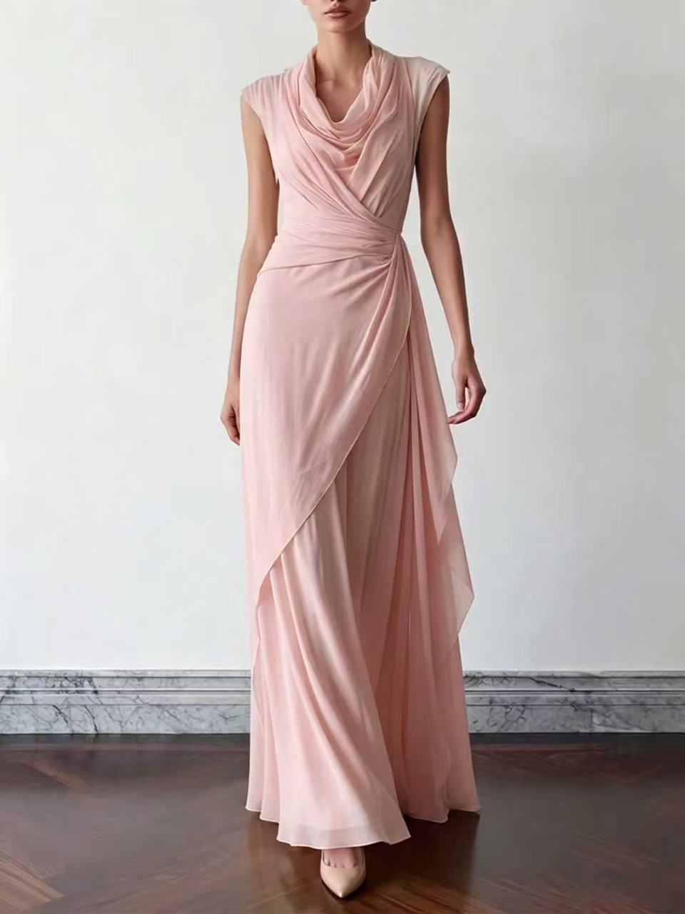Women's Draped Neck Sleeveless Ruched Chiffon Maxi Dress