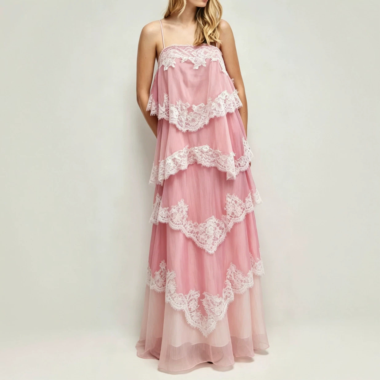 Pink Lace Open-Back Cami Dress Tiered Ruffle Long Vacation Dress