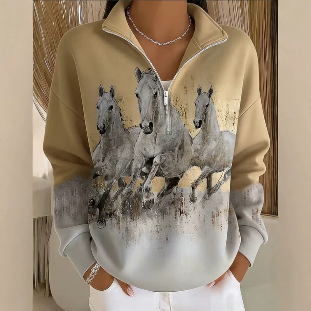 Galloping Horse Print Half-Zip Hoodie for Women