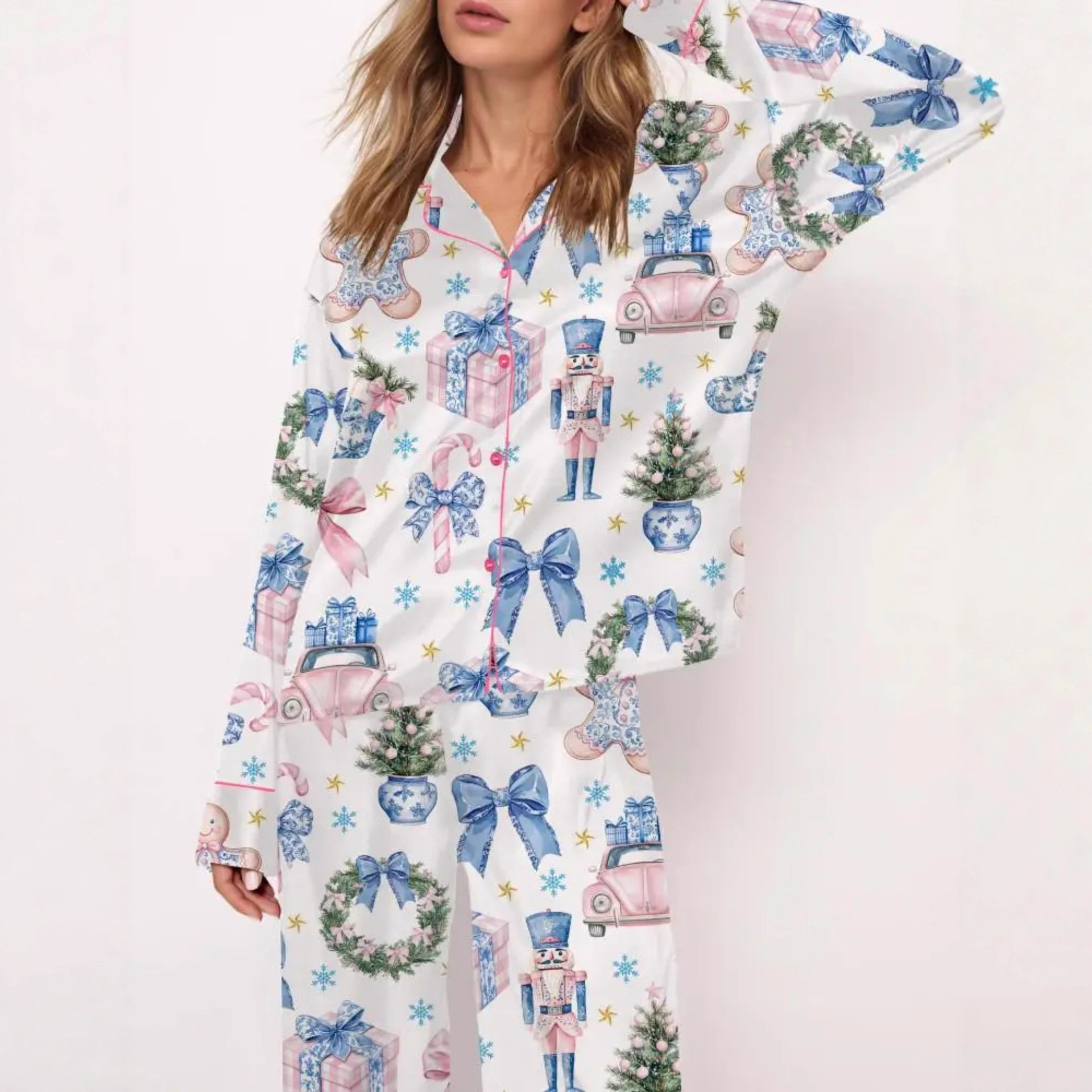 Women's Cuban Collar Long Sleeve Printed Top Set Casual Loungewear