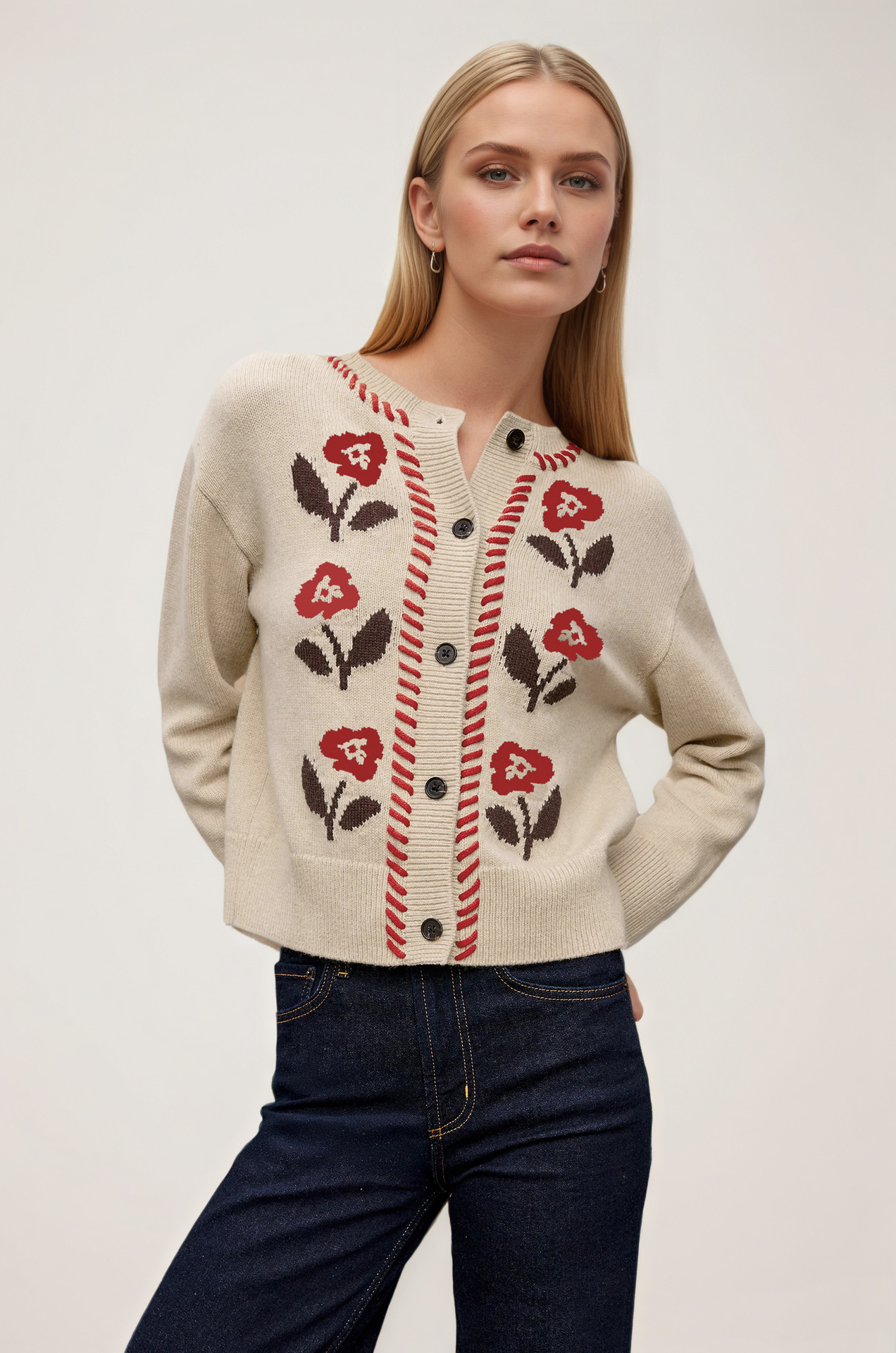 Floral Jacquard Knit Cardigan Women Round Neck Button Long Sleeve