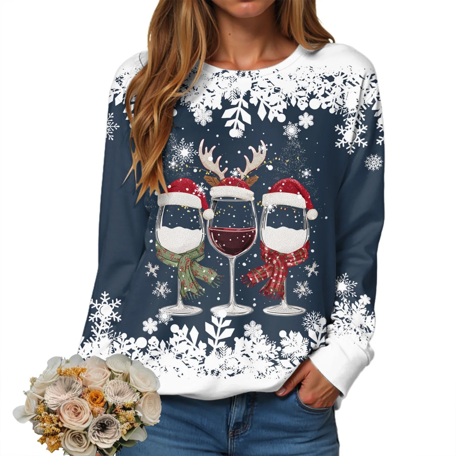 Women's Christmas Hat Wine Glass Snowflake Print Crewneck Sweatshirt