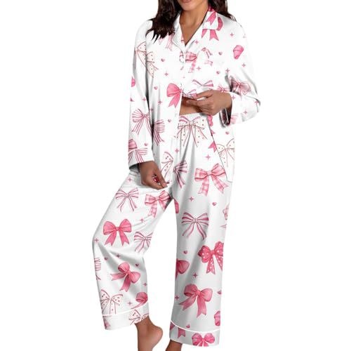 Women's Cuban Collar Christmas Bow Print Long Sleeve Shirt Set