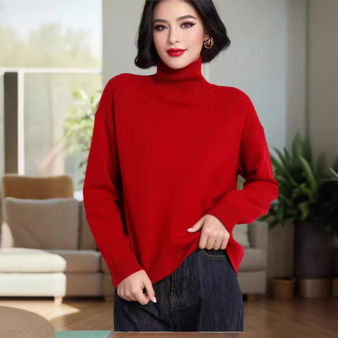Women's Multi-Color Ribbed Turtleneck Knit Sweater Loose Lazy Style
