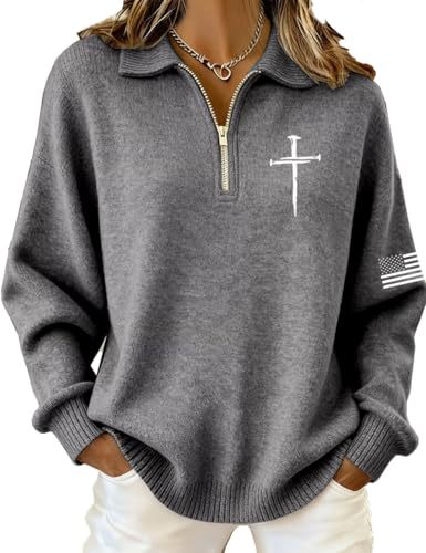 Cross American Flag Print Half-Zip Hoodie