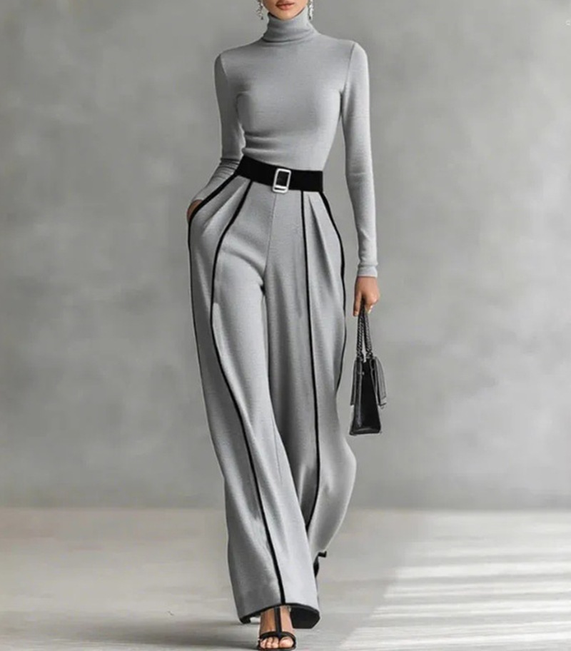 Women's Color-Block Stand-Collar Long-Sleeve Top and Wide-Leg Pants Set