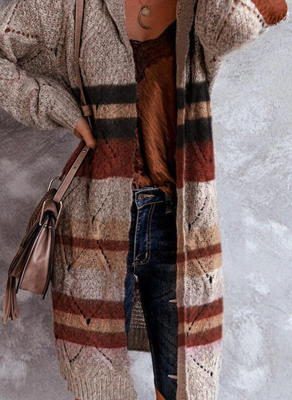 Long-Sleeve Hooded Open-Front Cardigan Sweater, Color-Block Hollow-Out Knit