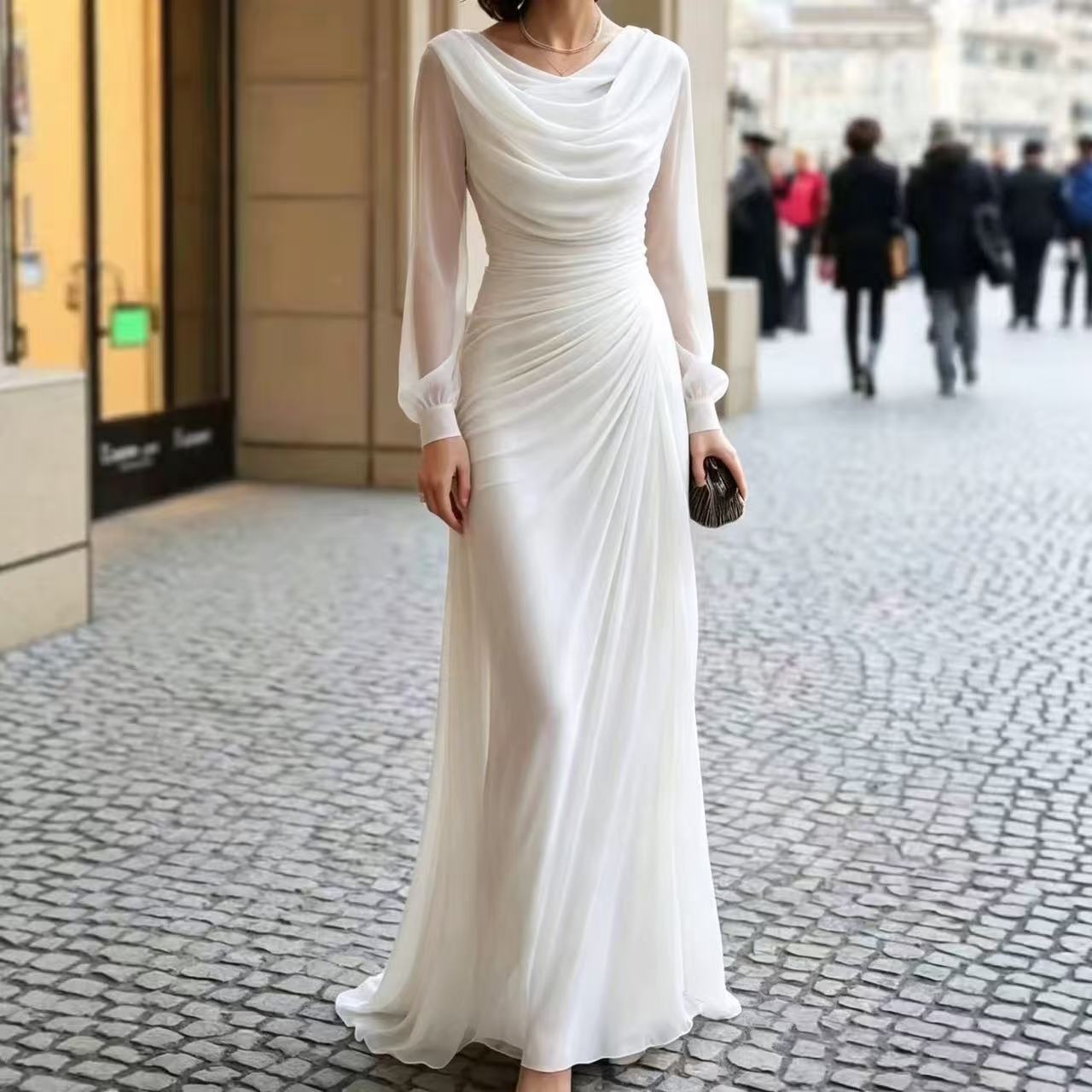 Solid Draped Long Sleeve A-Line Dress