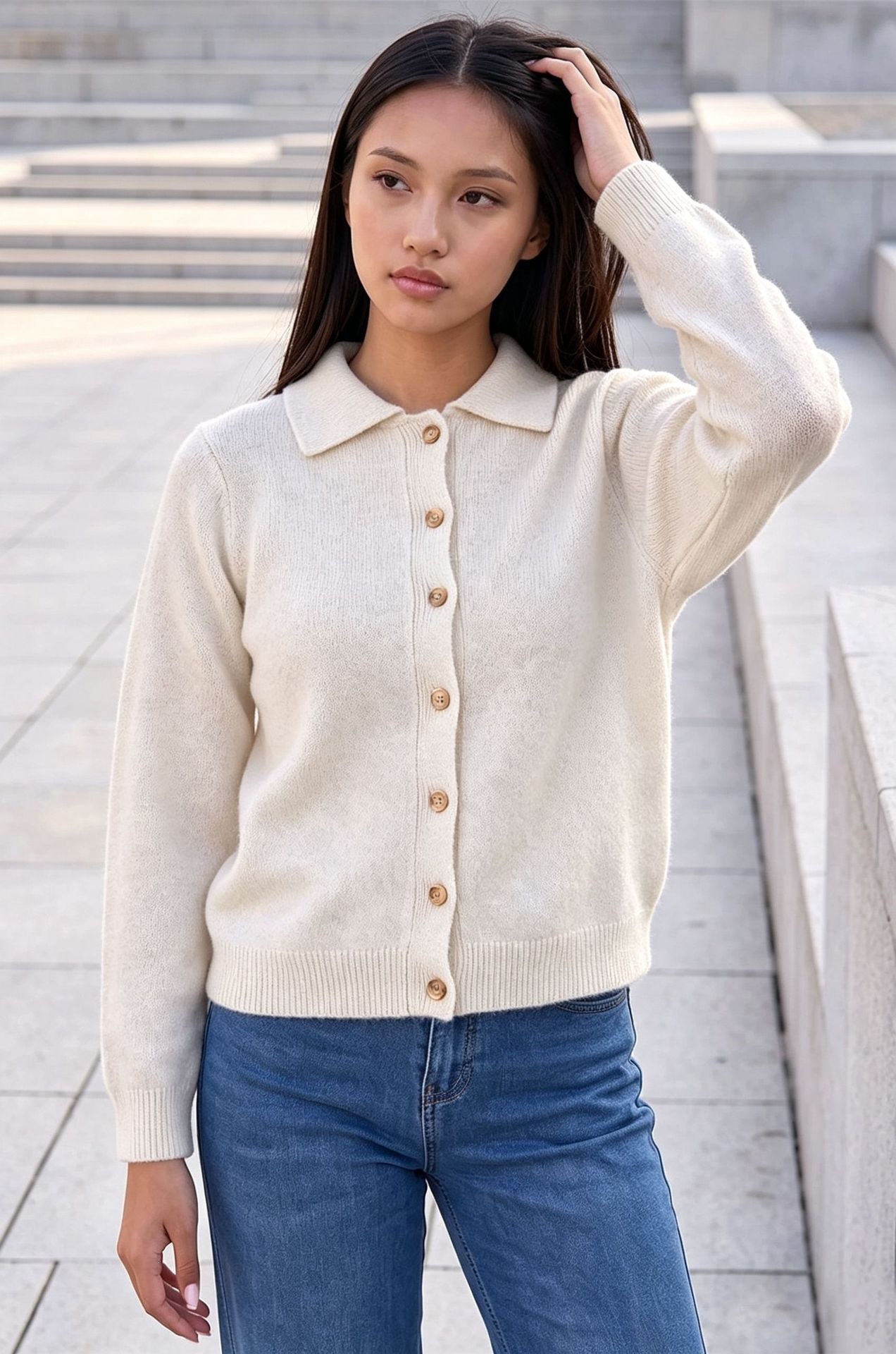 Women's Polo Collar Knit Cardigan Long Sleeve Short Coat