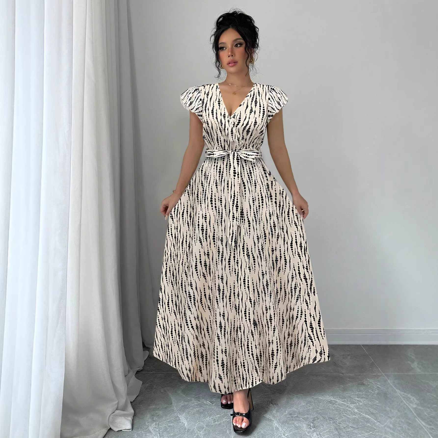 V-Neck Midi Dress with Ruffle Sleeves and High Waist