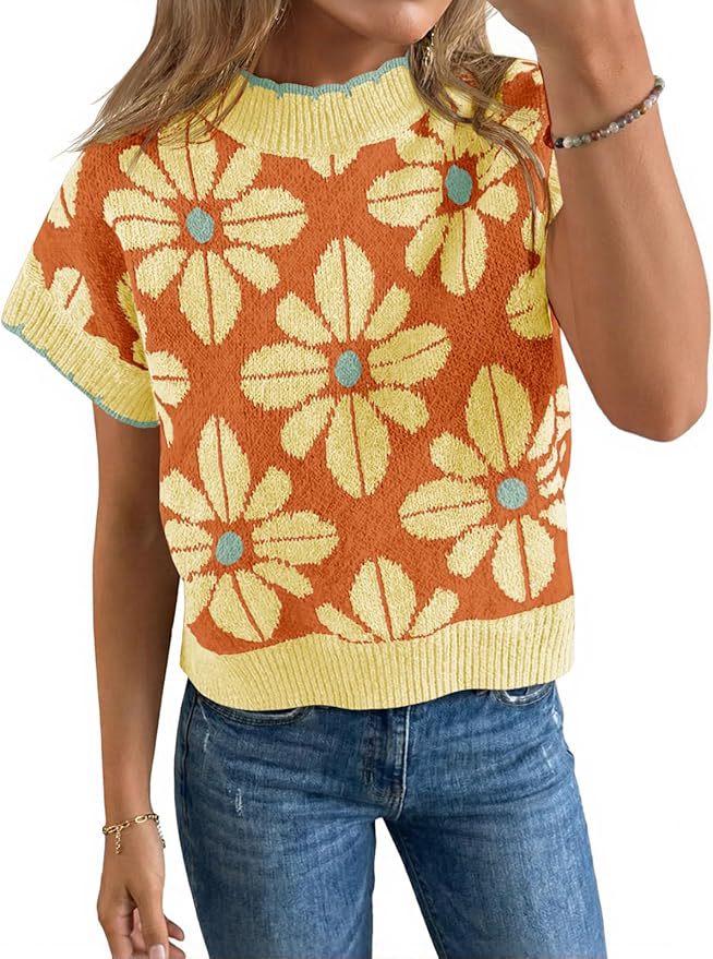 Women's Floral Knit Short Sleeve Sweater Vintage Crew Neck Loose Summer Pullover