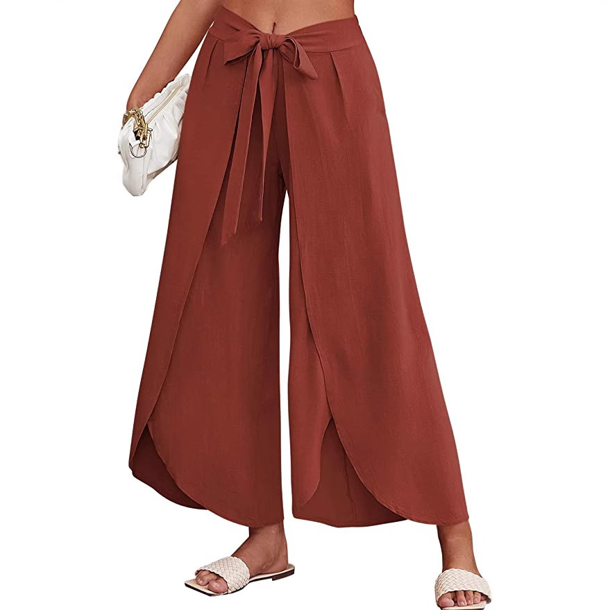 Boho High-Waist Split Wide-Leg Pants with Belt