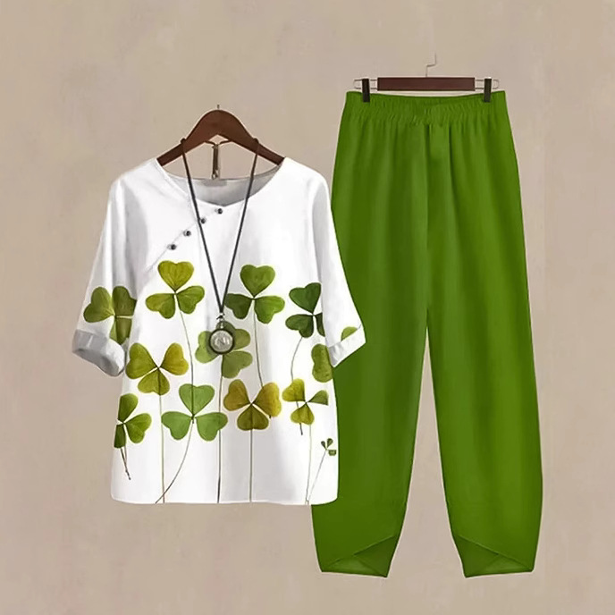 Women's Printed Round Neck Short Sleeve Top & Loose Pants Casual Set